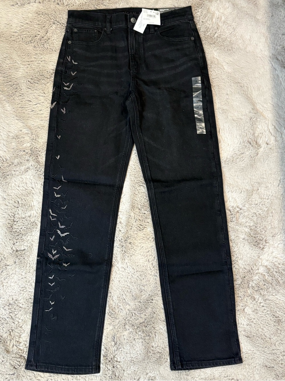 American Eagle Outfitters Black Straight Leg Jeans with Subtle Bird Embroidery